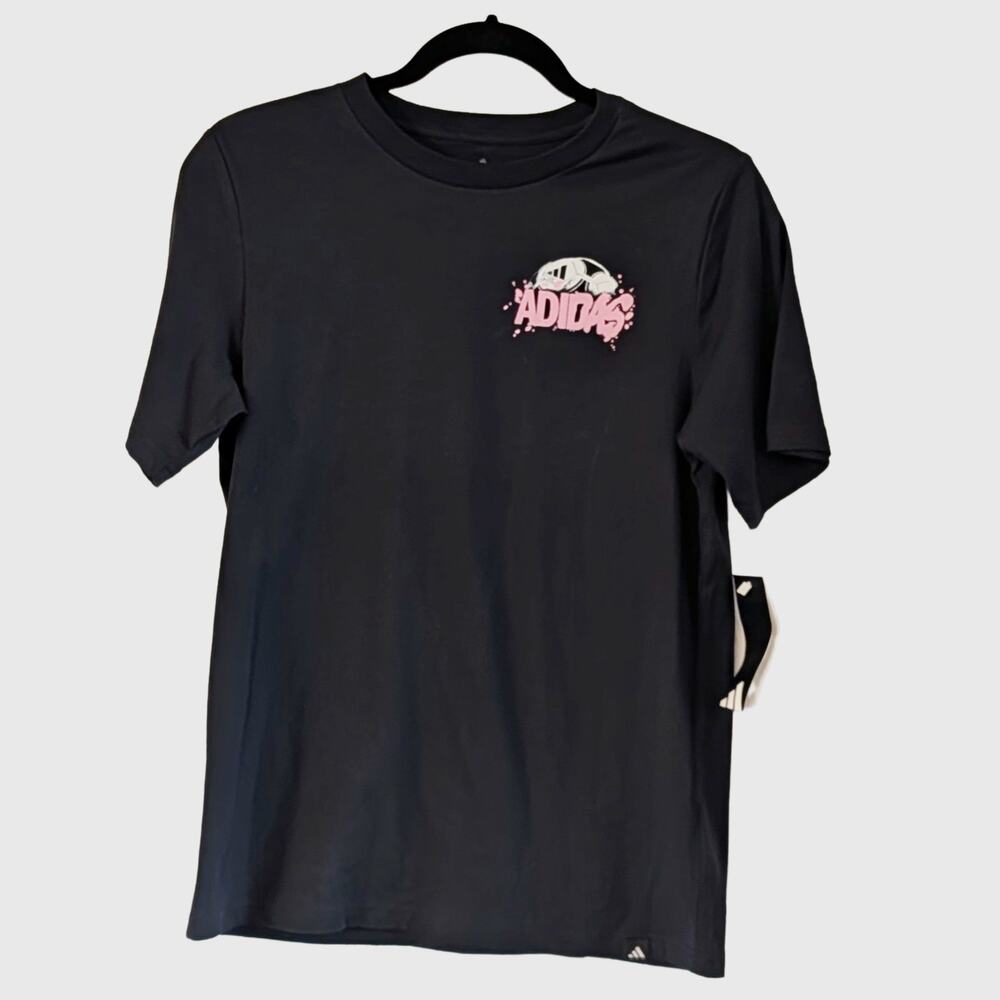 Adidas NEW Soccer Graphic Tee Boys Large Black Pink Athletic T-Shirt - Picture 2 of 7